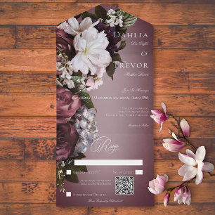 Donker Elegant Bourgogne & Cream Blur Bloemen QR C All In One Uitnodiging