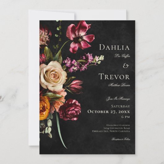 Donker Elegant Herfst Bloemen Bruiloft Kaart