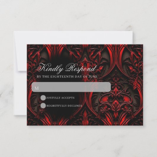 Donker Elegant Rood & Zwart Gothic Damask Bruiloft RSVP Kaartje (Voorkant)