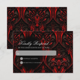 Donker Elegant Rood & Zwart Gothic Damask Bruiloft RSVP Kaartje