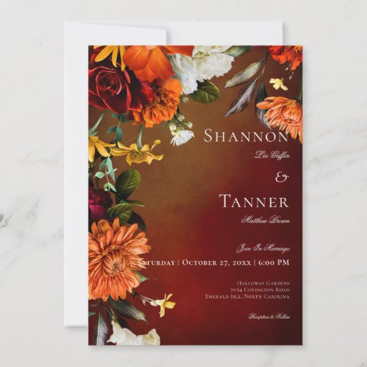 Donker Elegant Zomer Zonsondergang Bloemen Bruilof Kaart (Voorkant)