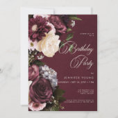Donker Elegante Bourgogne & Crème Bloemen Verjaard Kaart (Voorkant)