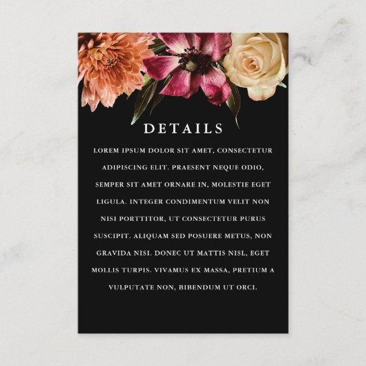 Donker en Moody Elegant Floral Black Wedding Informatiekaartje (Voorkant)