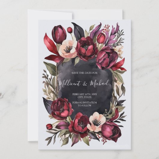 Donker Esthetisch Bloemen Save the Date - Rood & Z Kaart (Voorkant)