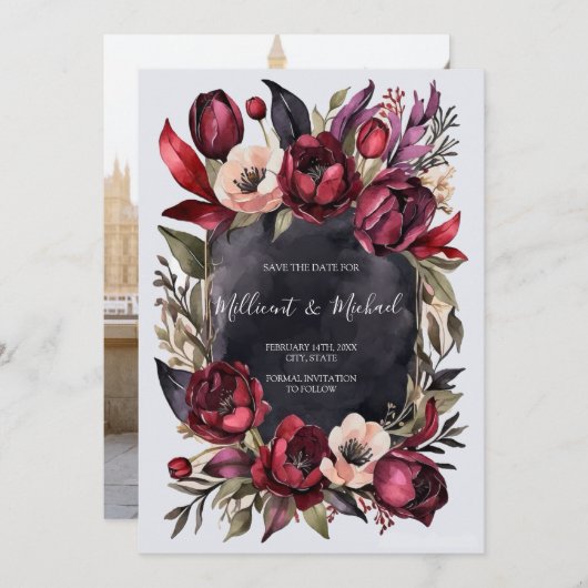 Donker Esthetisch Bloemen Save the Date - Rood & Z Kaart (Voorkant / Achterkant)