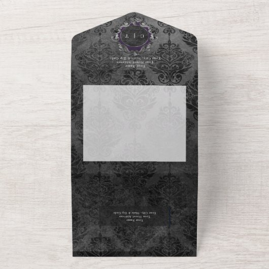 Donker Gothic Zwart Damask QR Code All In One Uitnodiging (Buitenkant)