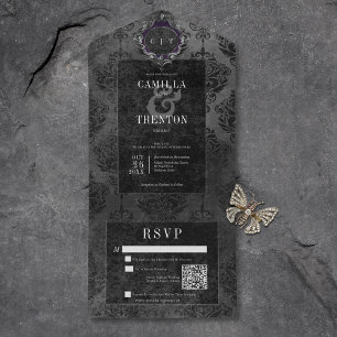 Donker Gothic Zwart Damask QR Code All In One Uitnodiging