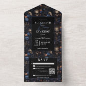 Donker Gotisch  Blauw Bloemen & Schedels QR Code All In One Uitnodiging (Binnen)