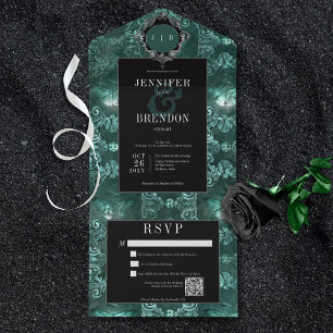 Donker Gotisch Blauwgroen & Zwart  Moth QR Code All In One Uitnodiging