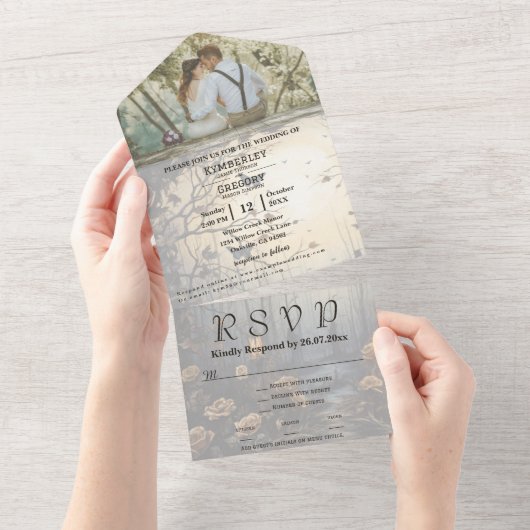 Donker Gotisch Bos Bloemen Achtergrond Foto All In One Uitnodiging (Afscheurbaar)