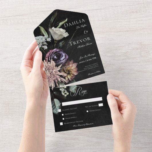 Donker Gotisch Mysterieus Gedempt Bloemen Diner All In One Uitnodiging (Afscheurbaar)