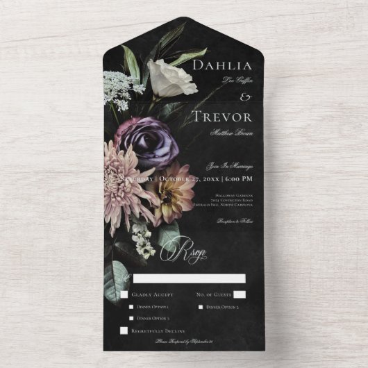 Donker Gotisch Mysterieus Gedempt Bloemen Diner All In One Uitnodiging (Binnen)