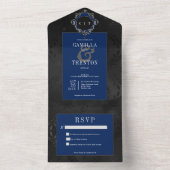 Donker Gotisch Zwart & Blauw Bloemen Satijn Geen D All In One Uitnodiging (Binnen)