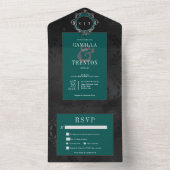 Donker Gotisch Zwart & Blauwgroen Bloemen Satijn D All In One Uitnodiging (Binnen)