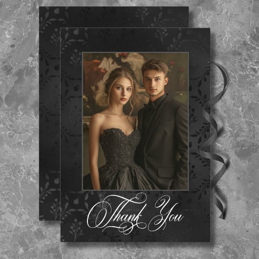 Donker Gotisch Zwart Bloemen Satijn Damast Blauw H Bedankkaart