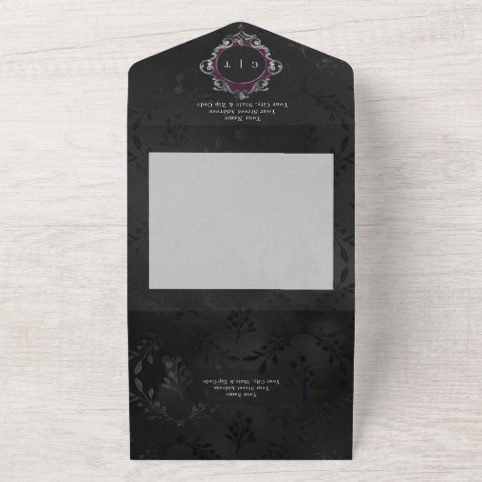 Donker Gotisch Zwart & Bourgondisch Bloemen Satijn All In One Uitnodiging (Buitenkant)