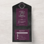 Donker Gotisch Zwart & Bourgondisch Bloemen Satijn All In One Uitnodiging (Binnen)