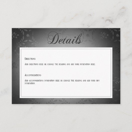 donker gotisch zwart damast bruiloft details informatiekaartje (Voorkant)