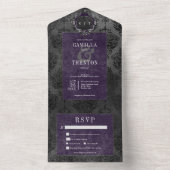 Donker Gotisch Zwart & Paarse Damast Diner All In One Uitnodiging (Binnen)