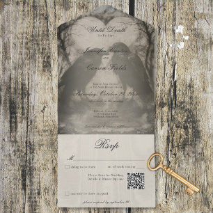 Donker Gotisch Zwart & Tan Raven Bruiloft QR Code All In One Uitnodiging