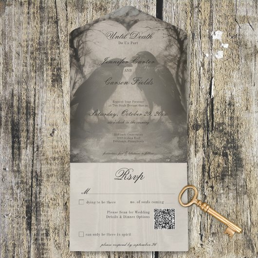 Donker Gotisch Zwart & Tan Raven Bruiloft QR Code All In One Uitnodiging