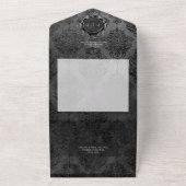 Donker Gotisch Zwart & Zwart Damast QR Code All In One Uitnodiging (Buitenkant)