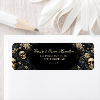 Donker Gotische Bloemen Schedel Goud Retouradres Etiket