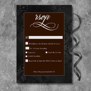 Donker Gotische Zwarte Bloemen Satijn Damask Brown RSVP Kaartje