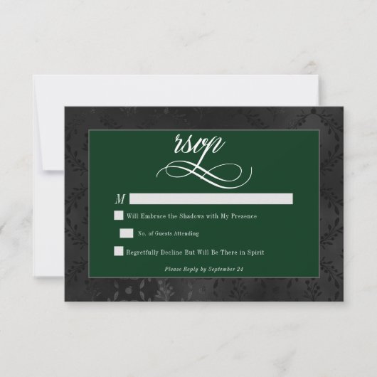 Donker Gotische Zwarte Bloemen Satijn Damask Groen RSVP Kaartje (Voorkant)