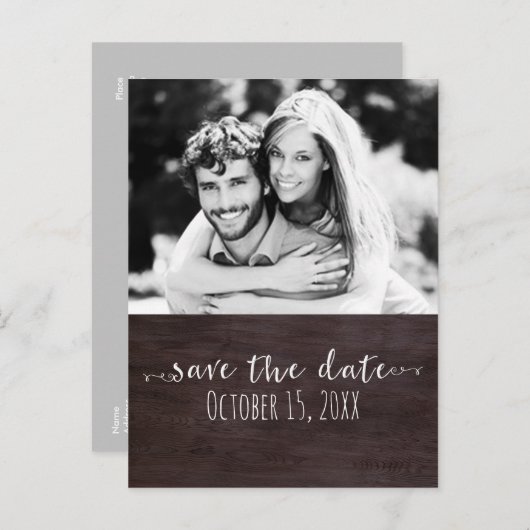 Donker hout SAVE DE DATUM Rustieke bruiloft foto Aankondigingskaart (Voorkant / Achterkant)