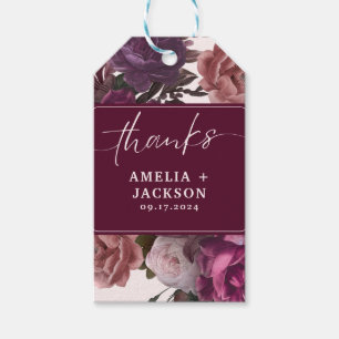 Donker humeurig bordeaux & paarse bloemenbruilofts cadeaulabel