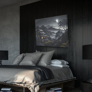 Donker Japans Nacht Landschap Moonlight Tempel Canvas Afdruk