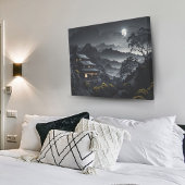 Donker Japans Nacht Landschap Moonlight Tempel Canvas Afdruk