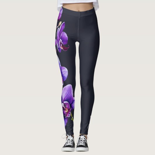 Donker leigrijs, Paarse orchidee Leggings (Voorkant)