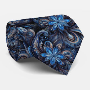 Donker marineblauw azuurblauw zwart paisley kunstp stropdas