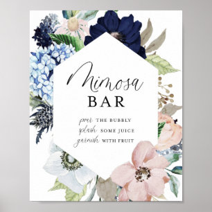 Donker marineblauw en blozend bloemengestel Mimosa Poster