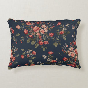 Donker marineblauw rood salie cottage bloemmotief accent kussen