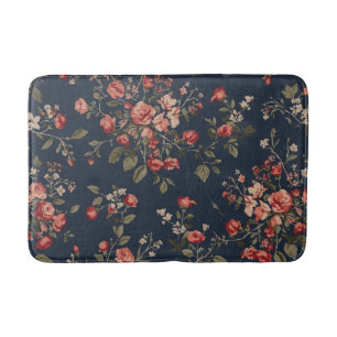 Donker marineblauw rood salie cottage bloemmotief badmat