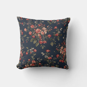 Donker marineblauw rood salie cottage bloemmotief kussen