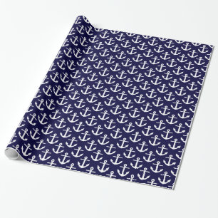 Donker marineblauw wit scheepsankerpatroon cadeaupapier