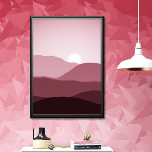 Donker Mauve Blush Roze Bergen Zonsondergang Kunst Poster