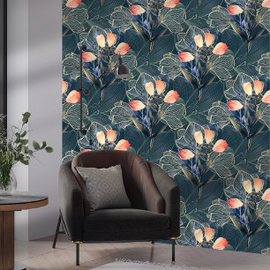 Donker Modern Elegant Boho Bloemenblauw Behang