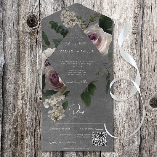 Donker Modern Roze & Wit Moody Bloemen QR Code All In One Uitnodiging