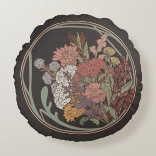 Donker & Moody Art Nouveau Bloemenboeket Rond Kussen