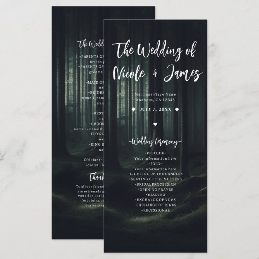 Donker Moody Bos Bomen Twilight Bruiloft Programma (Voorkant / Achterkant)