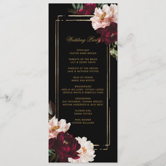 Donker Moody Bourgogne Blush Zwart Bloemen Bruilof Programma (Achterkant)