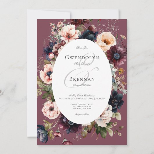 Donker Moody Bourgogne Ovaal Bloemen Frame Bruilof Kaart (Voorkant)