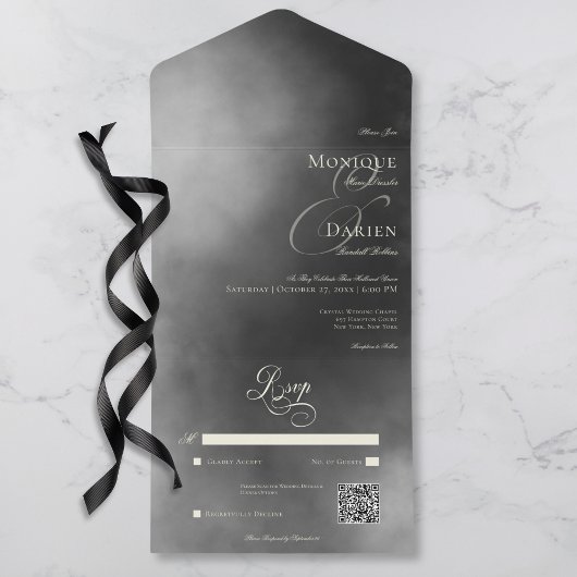 Donker Moody Midnight Zwart Mist QR Code Bruiloft All In One Uitnodiging