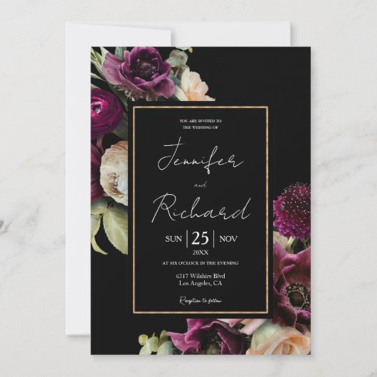 Donker & Moody Paarse Bloom Bloom Zwart Bruiloft Kaart (Voorkant)