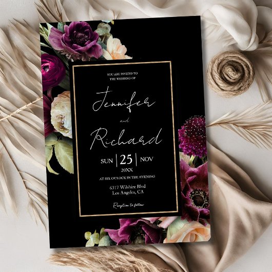 Donker & Moody Paarse Bloom Bloom Zwart Bruiloft Kaart